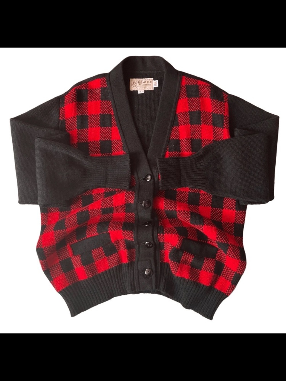 Vintage Bemidji Woolen Mills MN Men L Cardigan Buffalo Plaid Acrylic Sweater